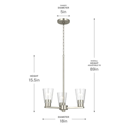 Kichler Stamos 18in 3-Light Chandelier | Modern Brushed Nickel Steel and Clear Glass | Dining Room & Living Room | 15.5 in H | Model 52435NICLR