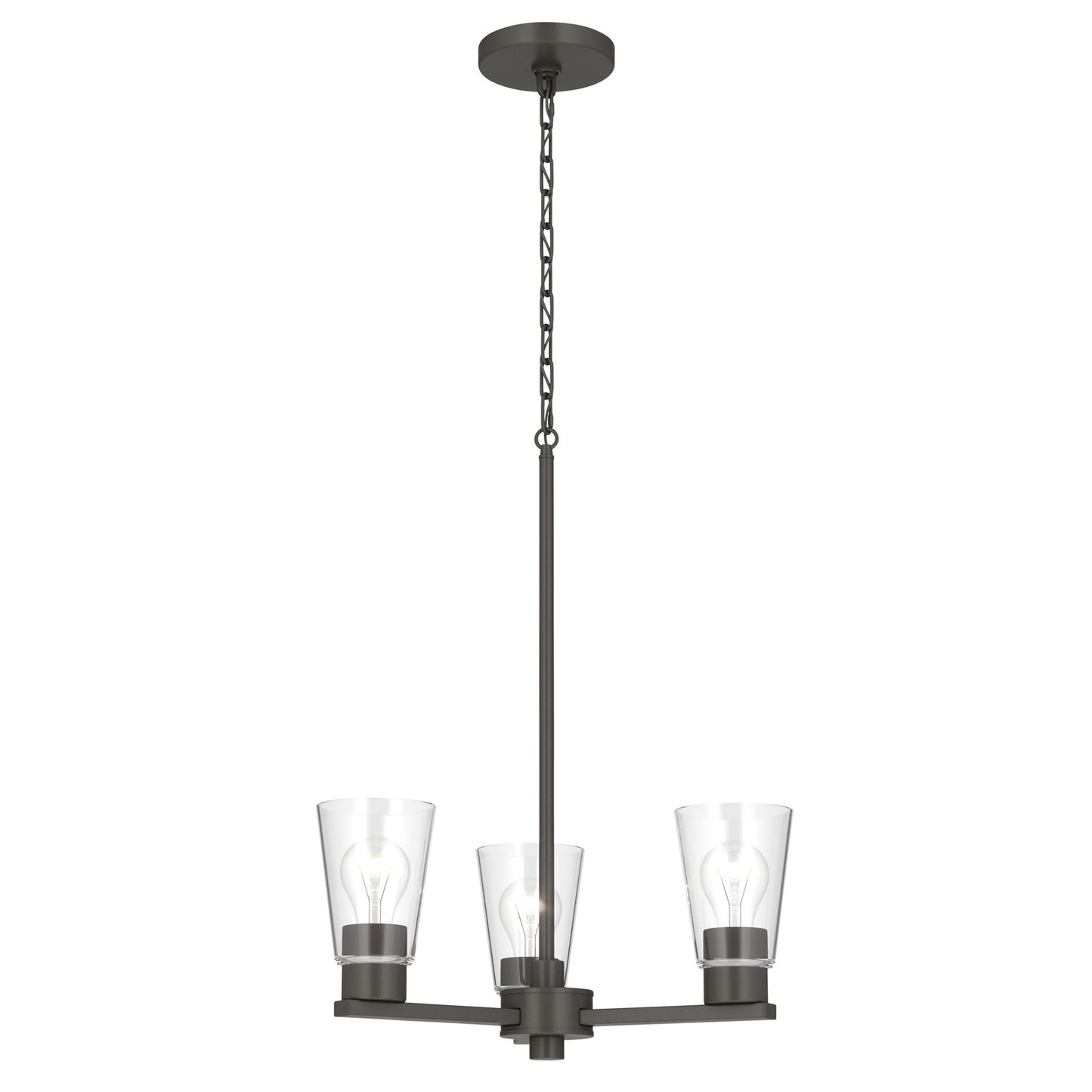 Kichler Stamos 18in 3-Light Chandelier | Modern/Contemporary Olde Bronze Steel and Clear Satin Etched Glass | Dining Room & Living Room | Model 52435OZCLR