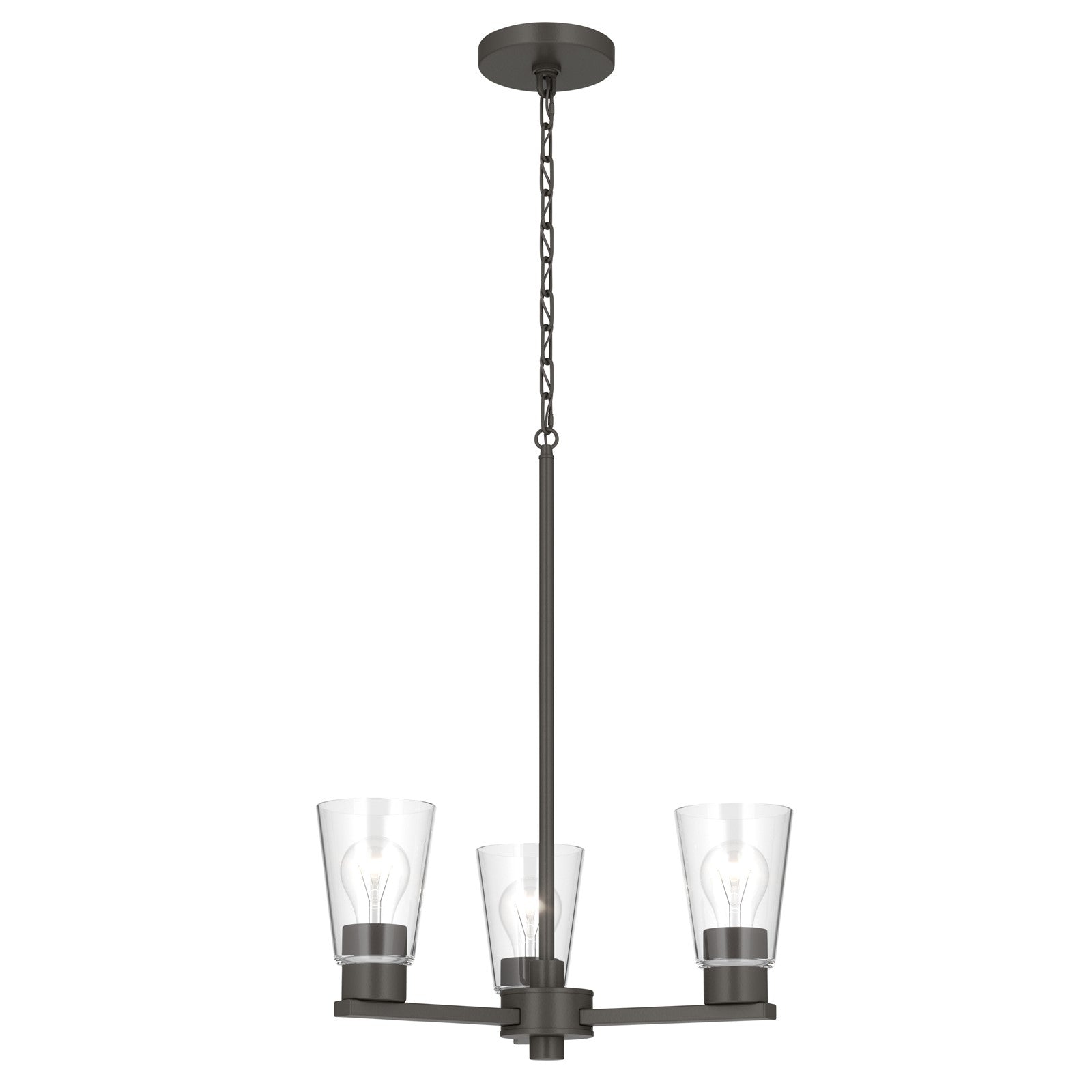 Kichler Stamos 18in 3-Light Chandelier | Modern/Contemporary Olde Bronze Steel and Clear Satin Etched Glass | Dining Room & Living Room | Model 52435OZCLR