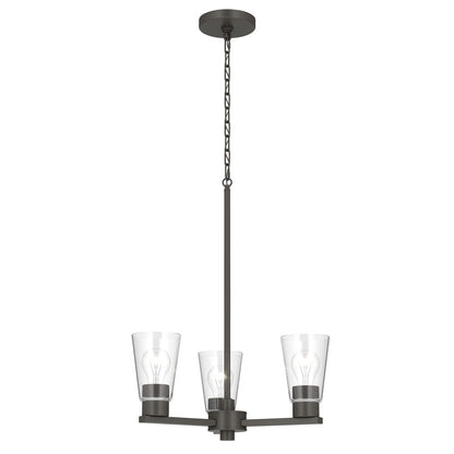 Kichler Stamos 18in 3-Light Chandelier | Modern/Contemporary Olde Bronze Steel and Clear Satin Etched Glass | Dining Room & Living Room | Model 52435OZCLR