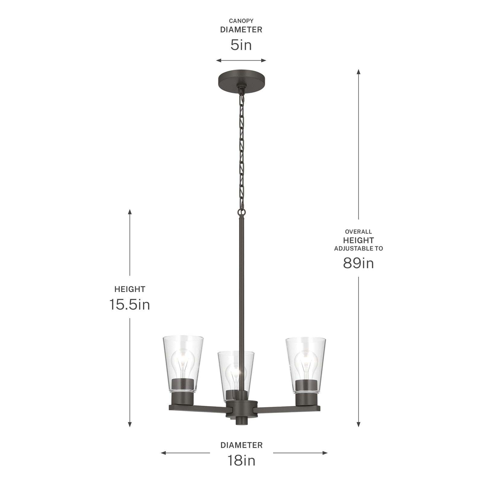 Kichler Stamos 18in 3-Light Chandelier | Modern/Contemporary Olde Bronze Steel and Clear Satin Etched Glass | Dining Room & Living Room | Model 52435OZCLR
