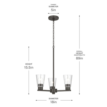 Kichler Stamos 18in 3-Light Chandelier | Modern/Contemporary Olde Bronze Steel and Clear Satin Etched Glass | Dining Room & Living Room | Model 52435OZCLR