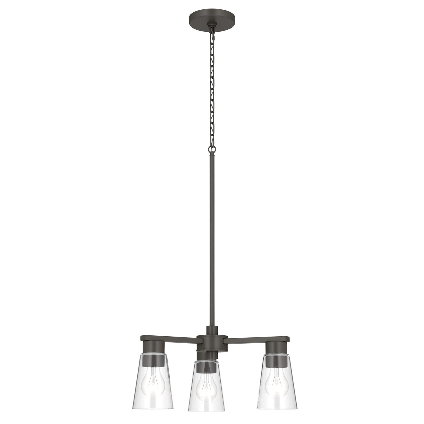 Kichler Stamos 18in 3-Light Chandelier | Modern/Contemporary Olde Bronze Steel and Clear Satin Etched Glass | Dining Room & Living Room | Model 52435OZCLR
