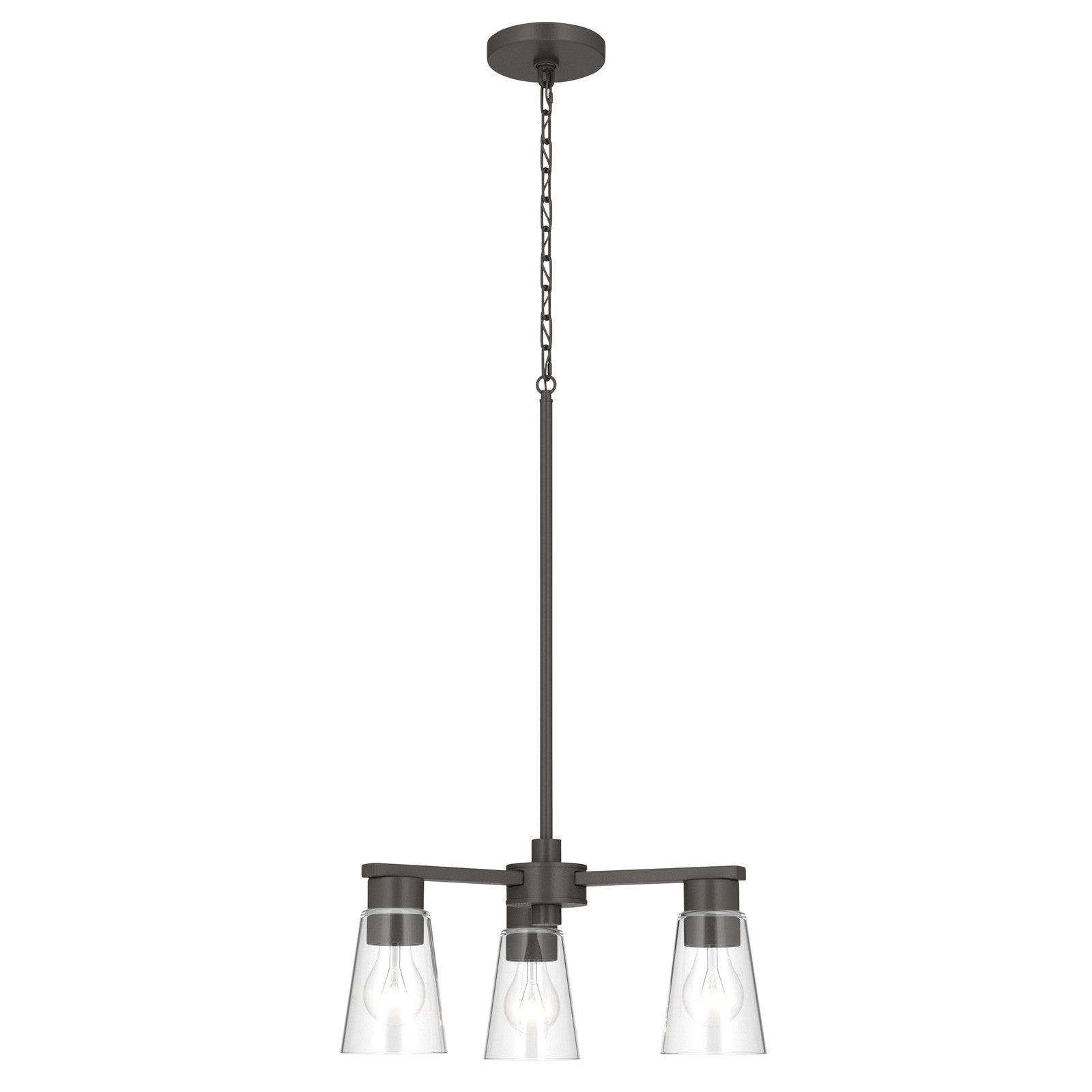 Kichler Stamos 18in 3-Light Chandelier | Modern/Contemporary Olde Bronze Steel and Clear Satin Etched Glass | Dining Room & Living Room | Model 52435OZCLR