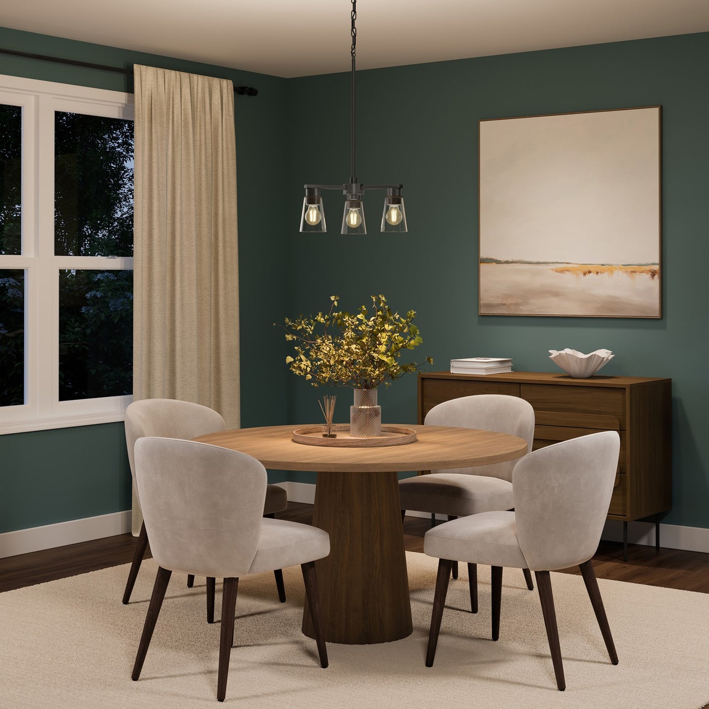Kichler Stamos 18in 3-Light Chandelier | Modern/Contemporary Olde Bronze Steel and Clear Satin Etched Glass | Dining Room & Living Room | Model 52435OZCLR