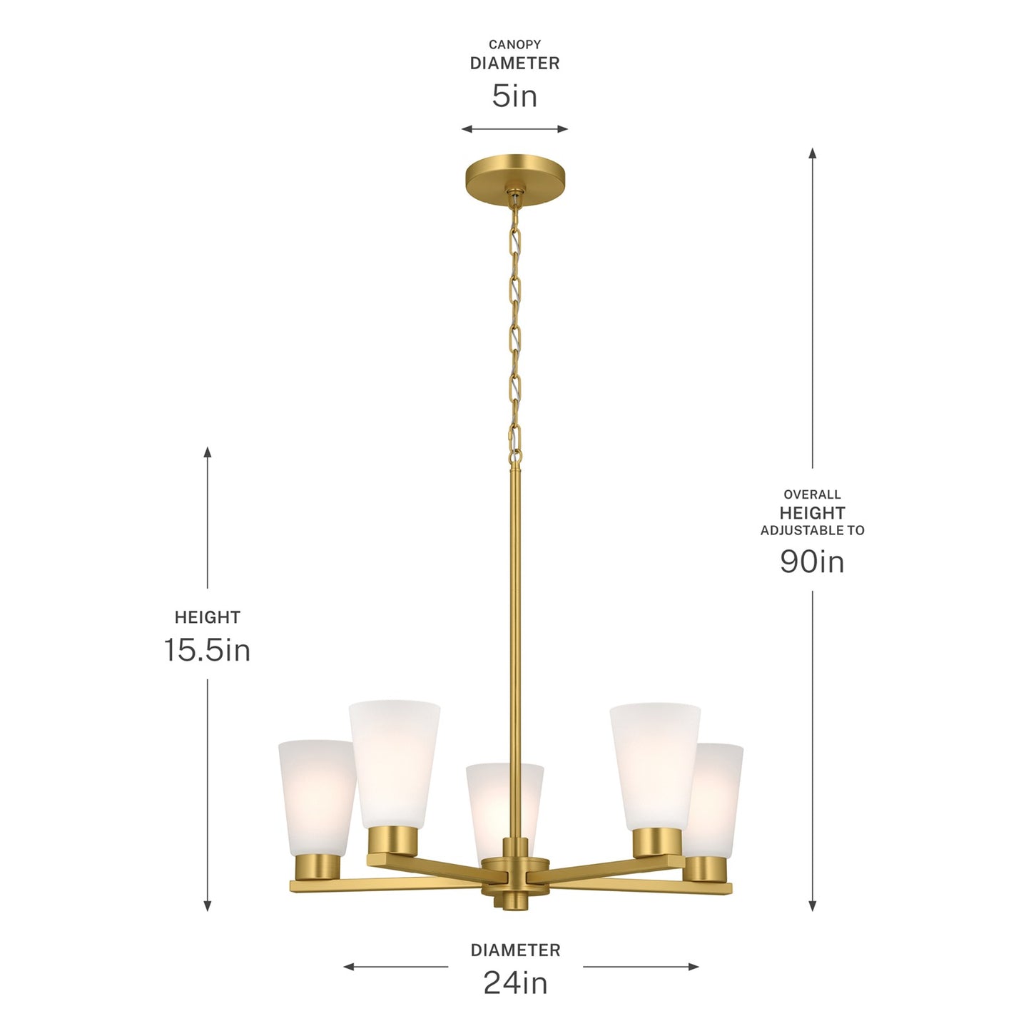 Kichler Stamos 24in 5-Light Chandelier | Modern/Contemporary Brushed Gold Steel and Clear Satin Etched Glass | Dining Room & Living Room | Model 52436BG