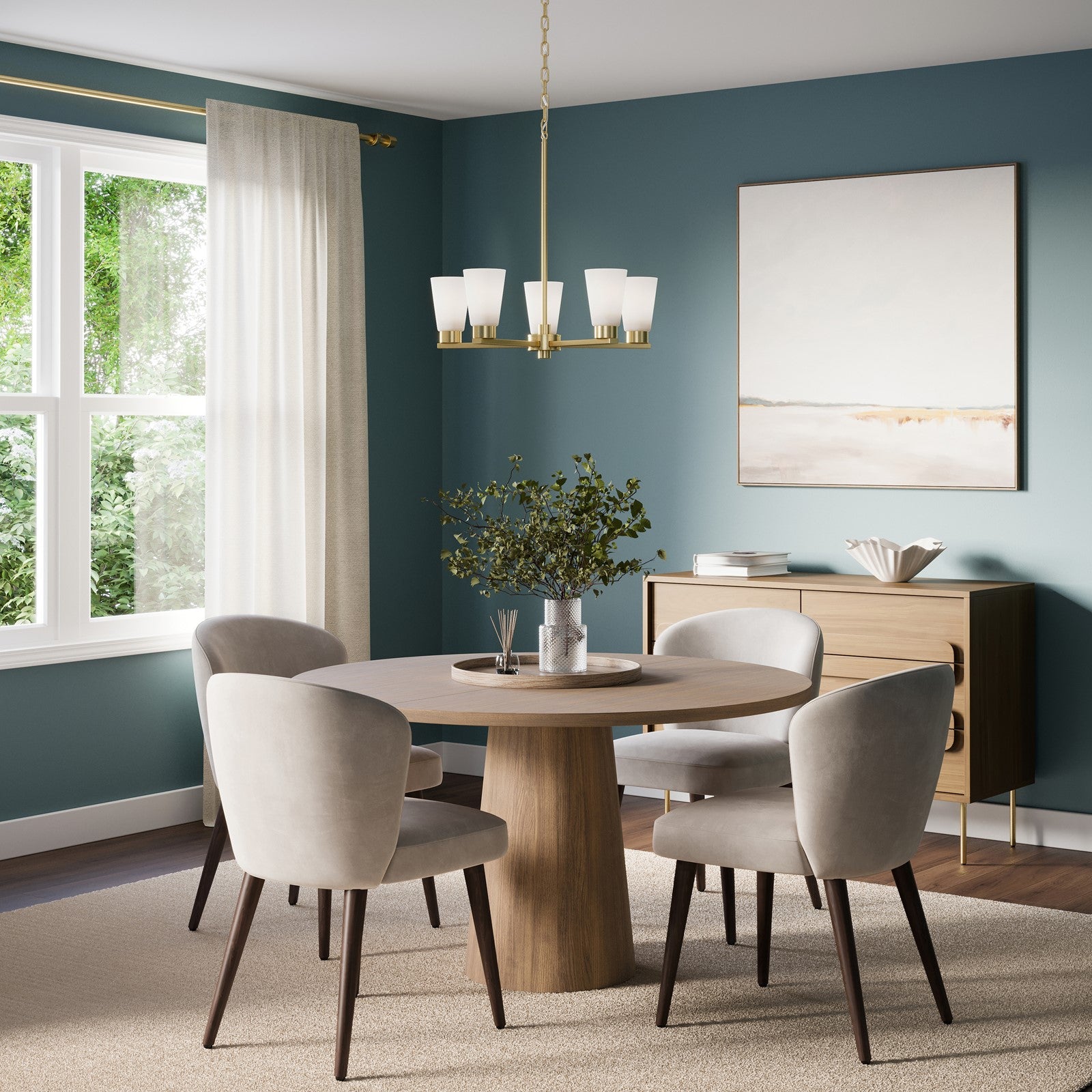 Kichler Stamos 24in 5-Light Chandelier | Modern/Contemporary Brushed Gold Steel and Clear Satin Etched Glass | Dining Room & Living Room | Model 52436BG