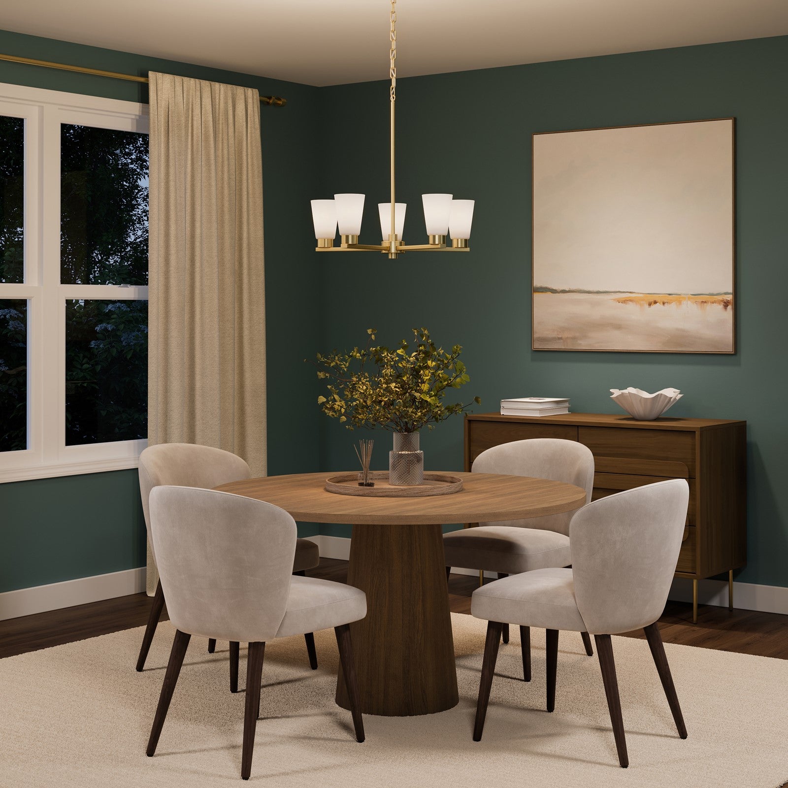 Kichler Stamos 24in 5-Light Chandelier | Modern/Contemporary Brushed Gold Steel and Clear Satin Etched Glass | Dining Room & Living Room | Model 52436BG