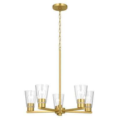 Kichler Stamos 24in 5-Light Chandelier | Modern/Contemporary Brushed Gold Steel and Clear Glass | Dining Room & Living Room | 24 x 24 x 15.5 in | Model 52436BGCLR