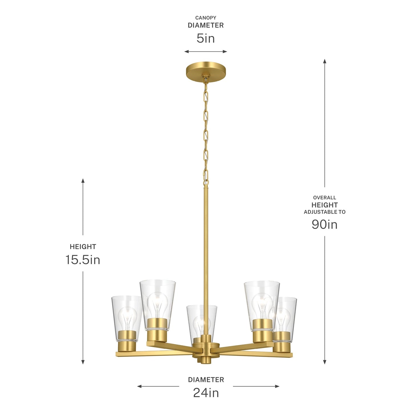 Kichler Stamos 24in 5-Light Chandelier | Modern/Contemporary Brushed Gold Steel and Clear Glass | Dining Room & Living Room | 24 x 24 x 15.5 in | Model 52436BGCLR