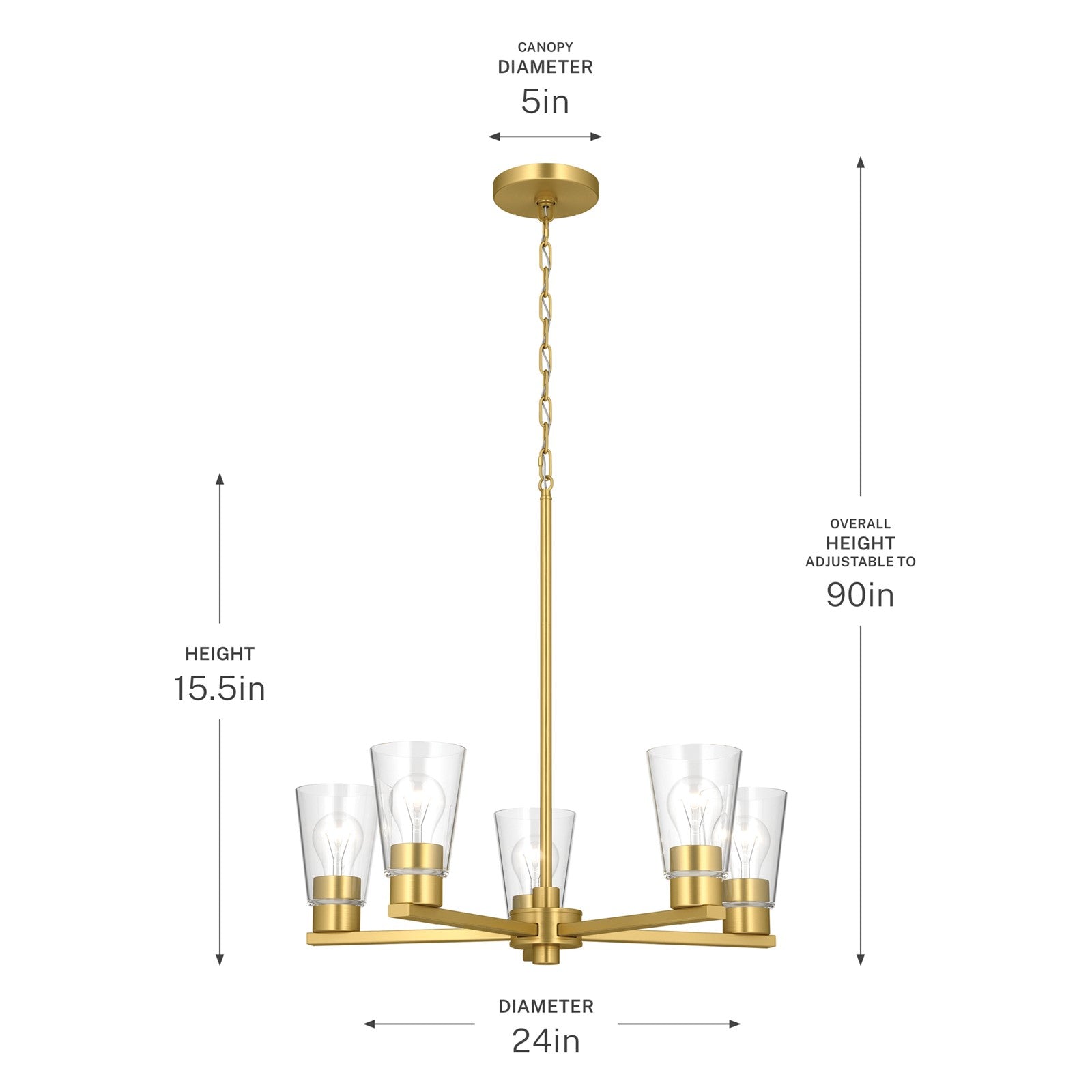 Kichler Stamos 24in 5-Light Chandelier | Modern/Contemporary Brushed Gold Steel and Clear Glass | Dining Room & Living Room | 24 x 24 x 15.5 in | Model 52436BGCLR