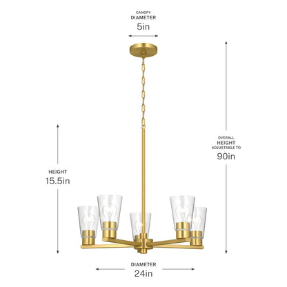 Kichler Stamos 24in 5-Light Chandelier | Modern/Contemporary Brushed Gold Steel and Clear Glass | Dining Room & Living Room | 24 x 24 x 15.5 in | Model 52436BGCLR