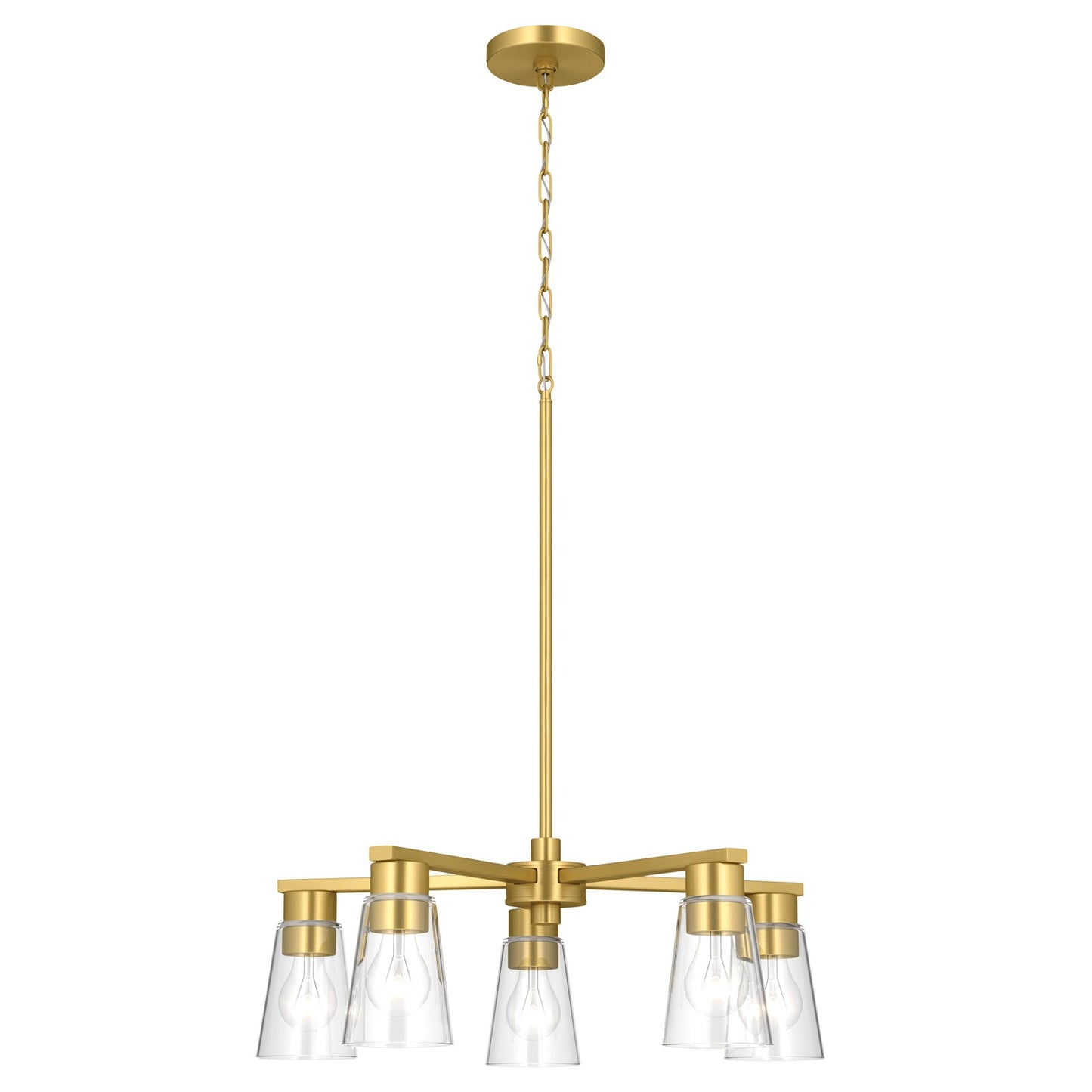 Kichler Stamos 24in 5-Light Chandelier | Modern/Contemporary Brushed Gold Steel and Clear Glass | Dining Room & Living Room | 24 x 24 x 15.5 in | Model 52436BGCLR