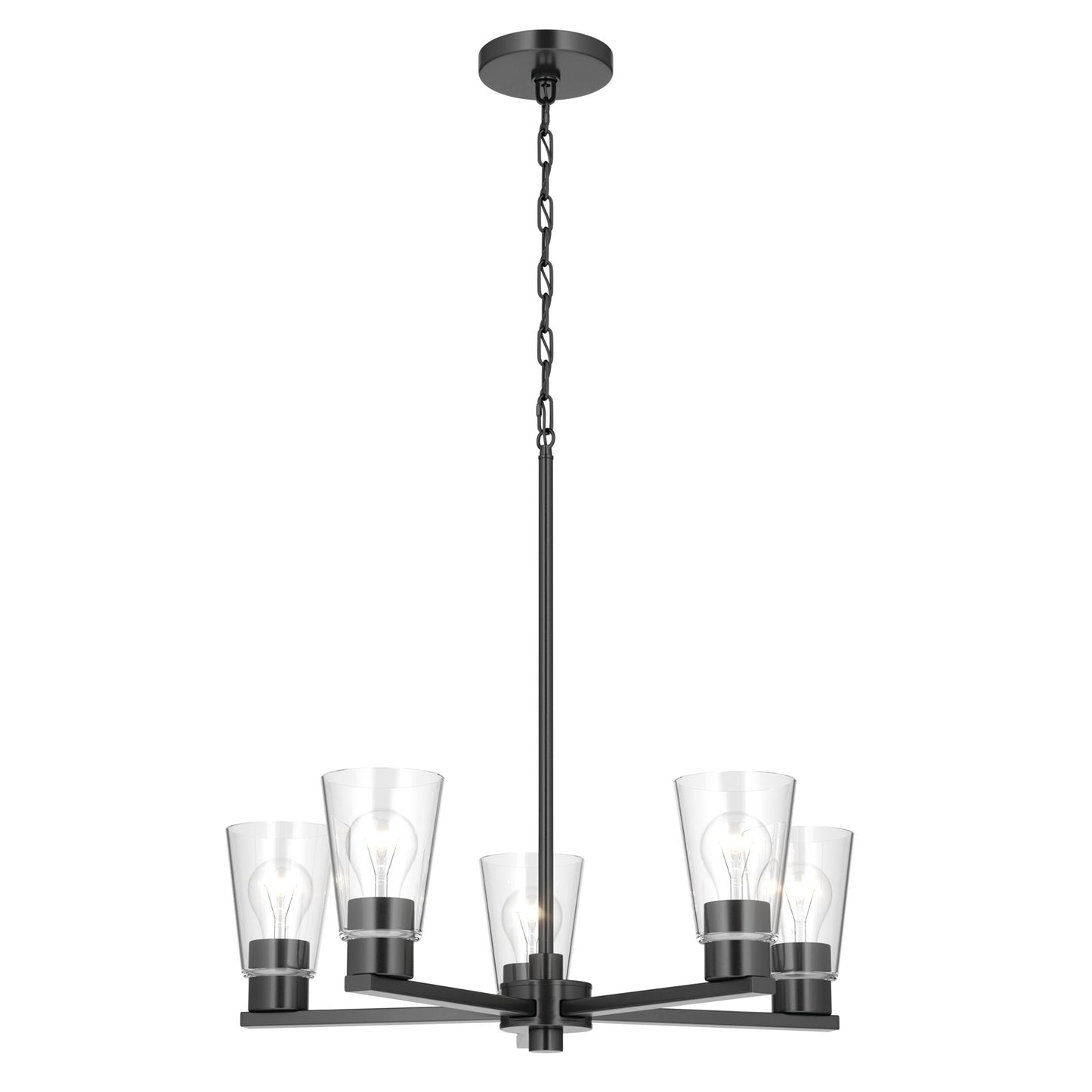 Kichler Stamos 24in 5-Light Chandelier | Modern/Contemporary Black Steel and Clear Glass | Dining Room & Living Room | 24 x 24 x 15.5 in | Model 52436BKCLR