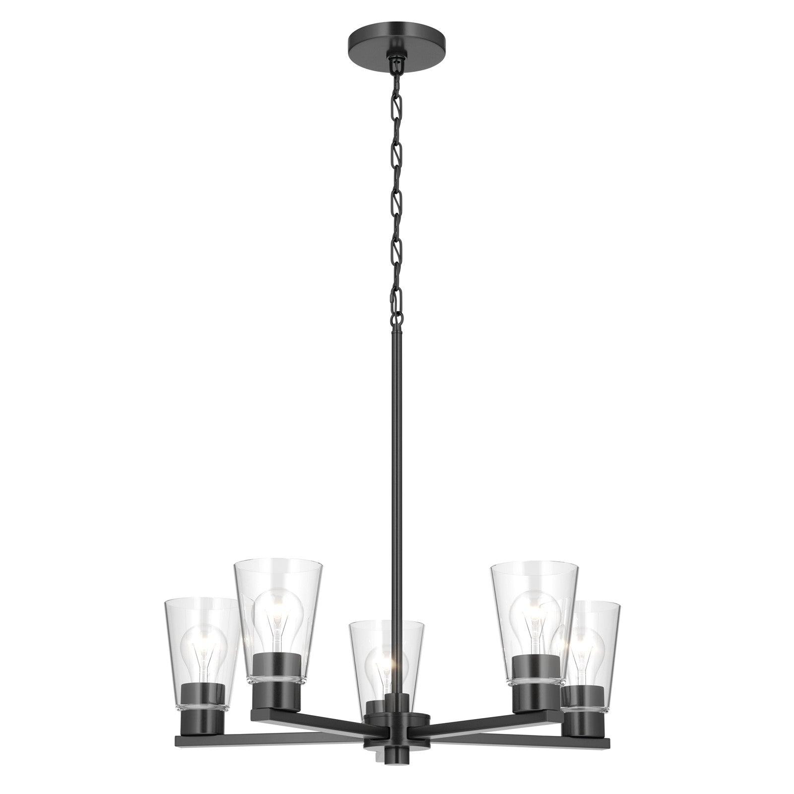 Kichler Stamos 24in 5-Light Chandelier | Modern/Contemporary Black Steel and Clear Glass | Dining Room & Living Room | 24 x 24 x 15.5 in | Model 52436BKCLR