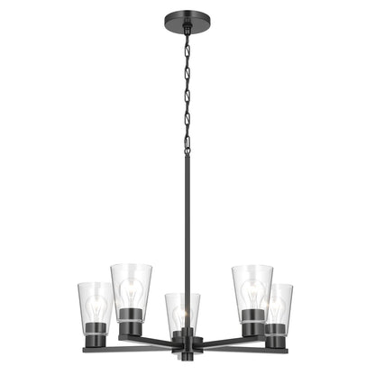 Kichler Stamos 24in 5-Light Chandelier | Modern/Contemporary Black Steel and Clear Glass | Dining Room & Living Room | 24 x 24 x 15.5 in | Model 52436BKCLR