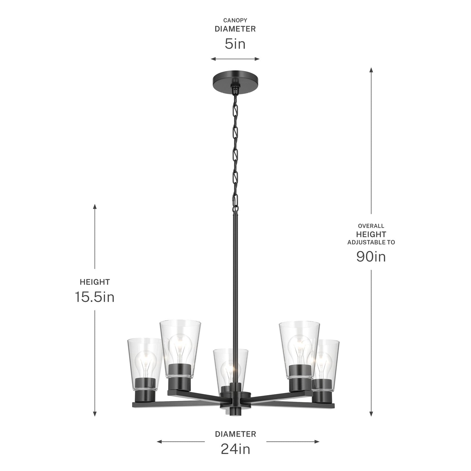 Kichler Stamos 24in 5-Light Chandelier | Modern/Contemporary Black Steel and Clear Glass | Dining Room & Living Room | 24 x 24 x 15.5 in | Model 52436BKCLR