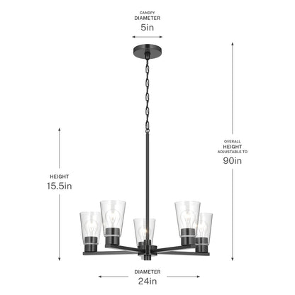 Kichler Stamos 24in 5-Light Chandelier | Modern/Contemporary Black Steel and Clear Glass | Dining Room & Living Room | 24 x 24 x 15.5 in | Model 52436BKCLR
