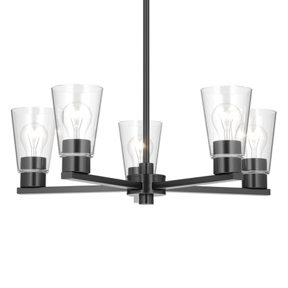 Kichler Stamos 24in 5-Light Chandelier | Modern/Contemporary Black Steel and Clear Glass | Dining Room & Living Room | 24 x 24 x 15.5 in | Model 52436BKCLR