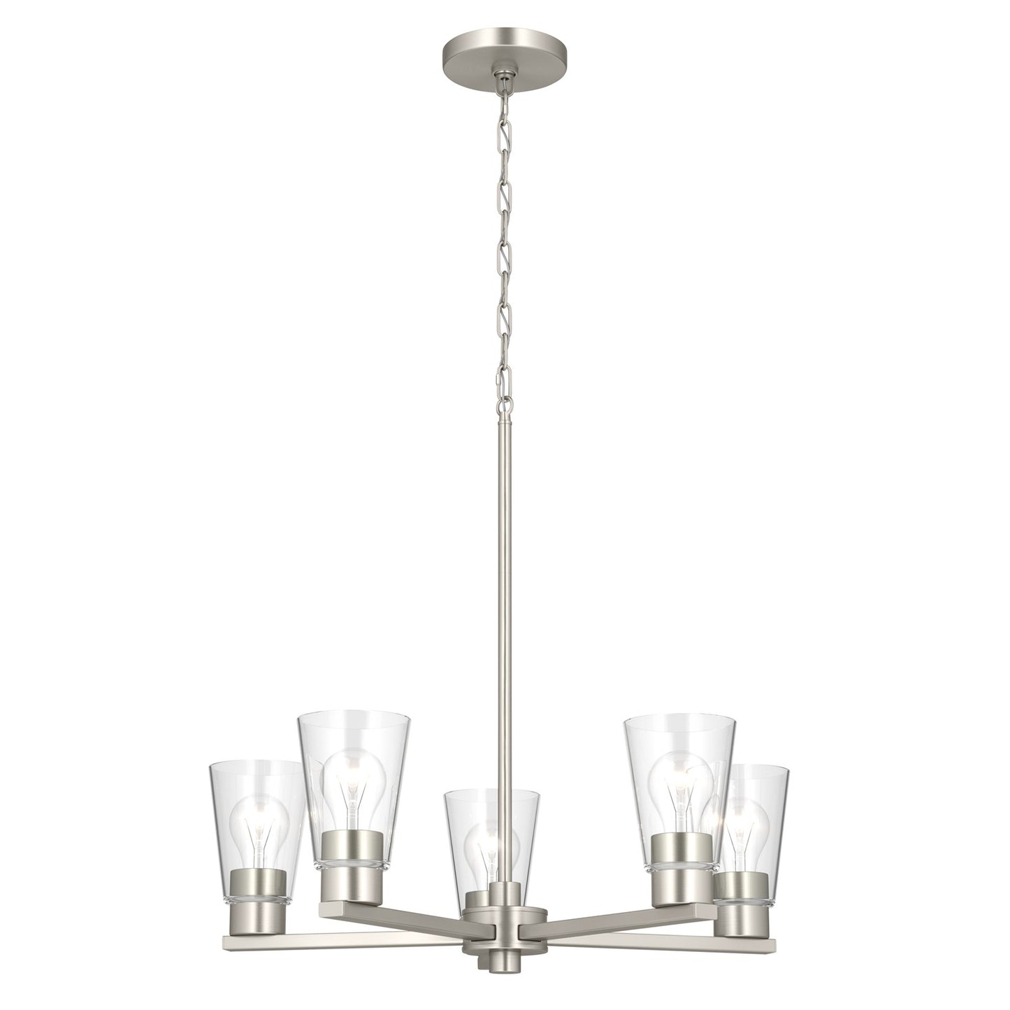 Kichler Stamos 24in 5-Light Chandelier | Modern Brushed Nickel Steel and Clear Satin Etched Glass | Kitchen Island & Dining Room | 24 x 24 x 15.5 in | Model 52436NICLR