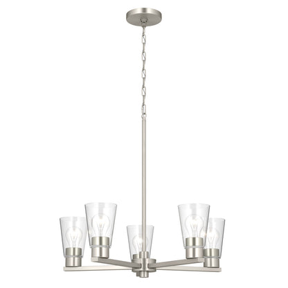 Kichler Stamos 24in 5-Light Chandelier | Modern Brushed Nickel Steel and Clear Satin Etched Glass | Kitchen Island & Dining Room | 24 x 24 x 15.5 in | Model 52436NICLR