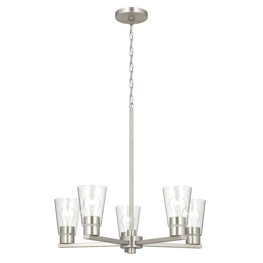 Kichler Stamos 24in 5-Light Chandelier | Modern Brushed Nickel Steel and Clear Satin Etched Glass | Kitchen Island & Dining Room | 24 x 24 x 15.5 in | Model 52436NICLR