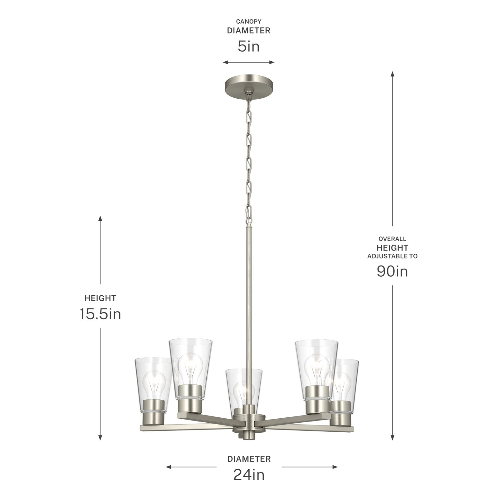 Kichler Stamos 24in 5-Light Chandelier | Modern Brushed Nickel Steel and Clear Satin Etched Glass | Kitchen Island & Dining Room | 24 x 24 x 15.5 in | Model 52436NICLR