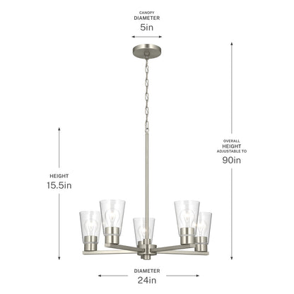 Kichler Stamos 24in 5-Light Chandelier | Modern Brushed Nickel Steel and Clear Satin Etched Glass | Kitchen Island & Dining Room | 24 x 24 x 15.5 in | Model 52436NICLR