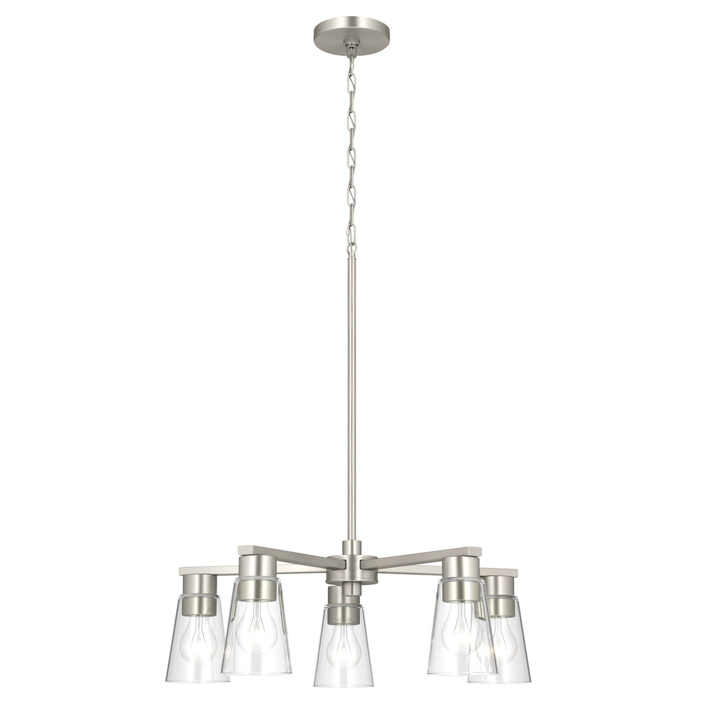 Kichler Stamos 24in 5-Light Chandelier | Modern Brushed Nickel Steel and Clear Satin Etched Glass | Kitchen Island & Dining Room | 24 x 24 x 15.5 in | Model 52436NICLR