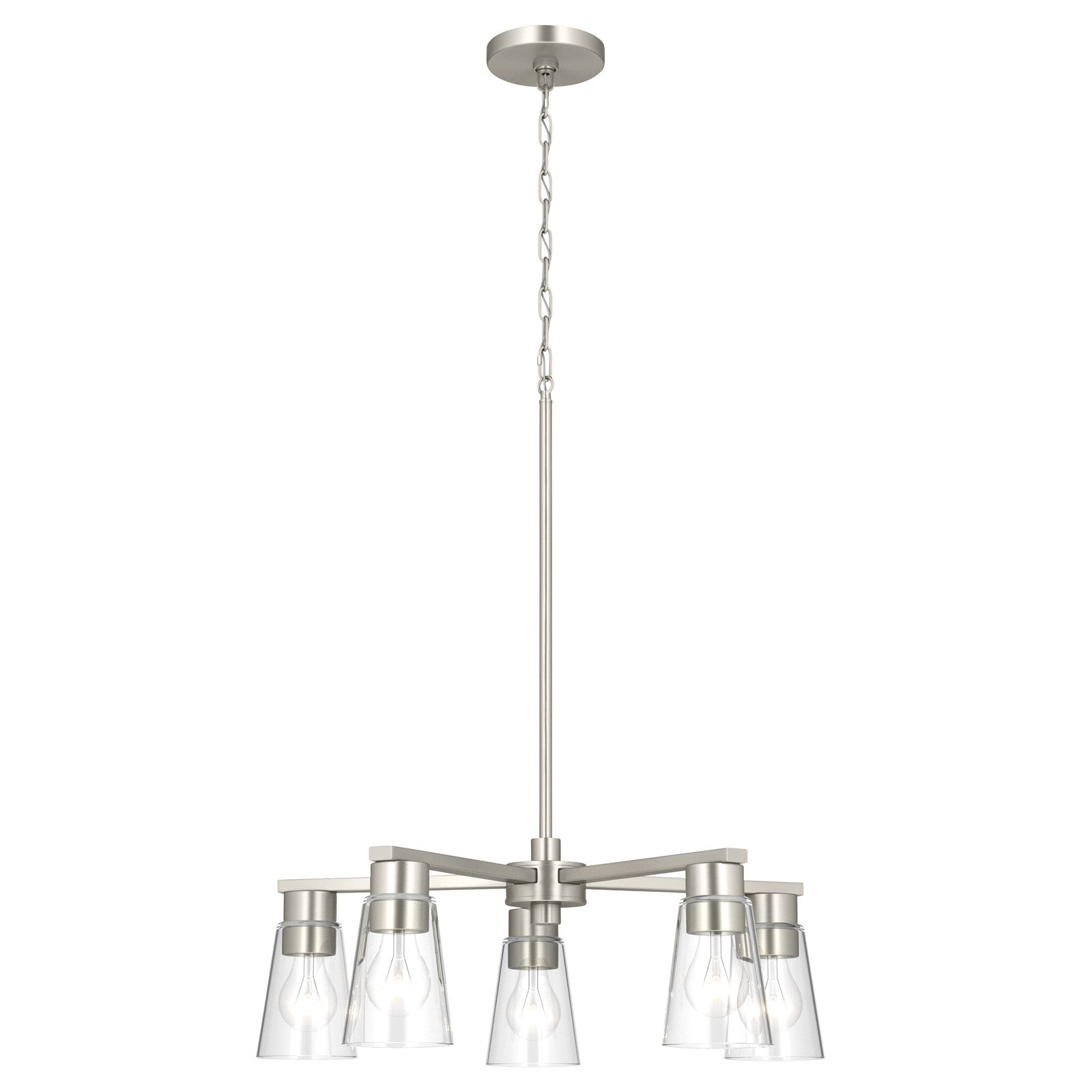 Kichler Stamos 24in 5-Light Chandelier | Modern Brushed Nickel Steel and Clear Satin Etched Glass | Kitchen Island & Dining Room | 24 x 24 x 15.5 in | Model 52436NICLR