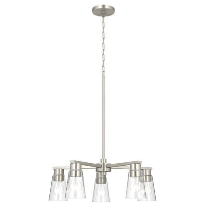 Kichler Stamos 24in 5-Light Chandelier | Modern Brushed Nickel Steel and Clear Satin Etched Glass | Kitchen Island & Dining Room | 24 x 24 x 15.5 in | Model 52436NICLR