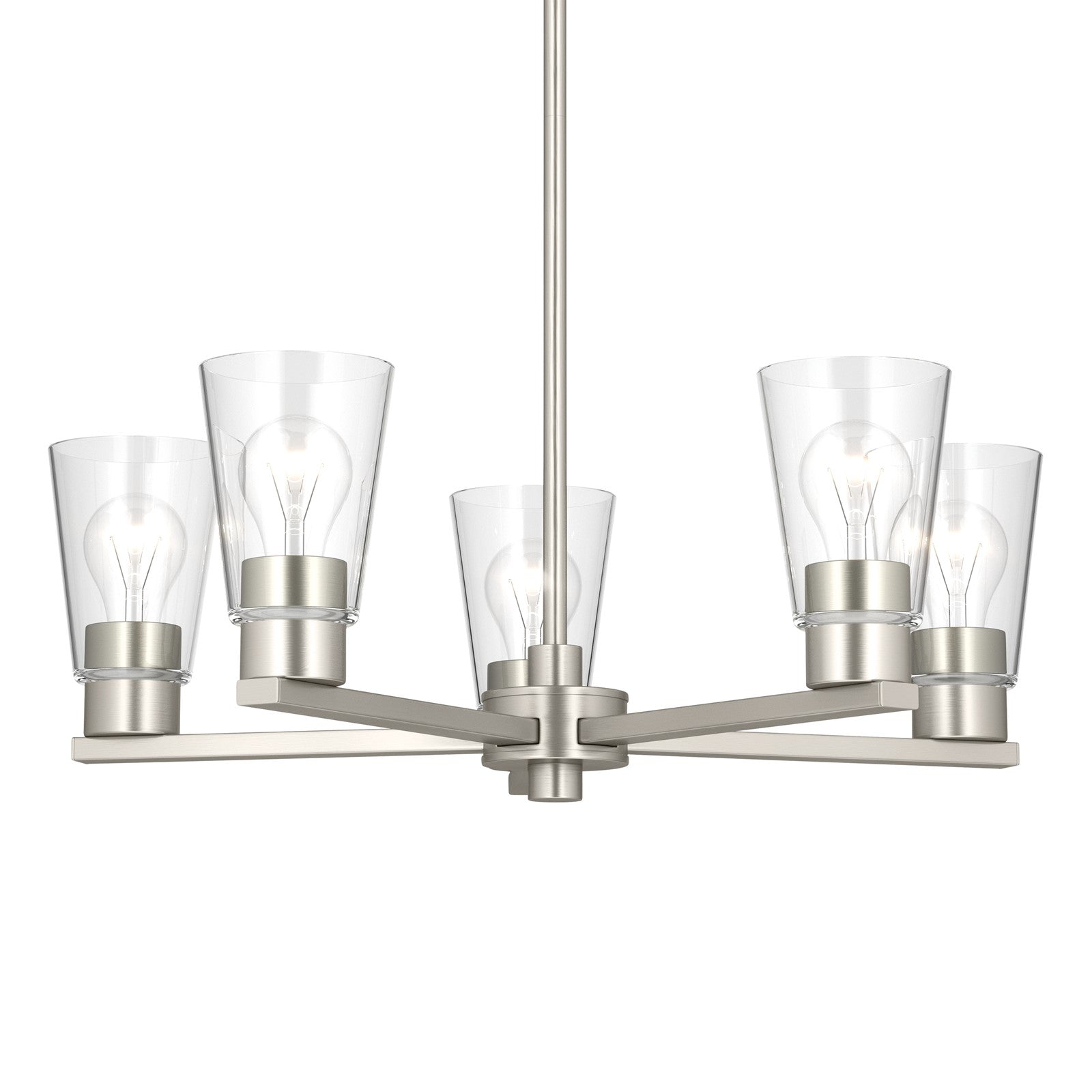 Kichler Stamos 24in 5-Light Chandelier | Modern Brushed Nickel Steel and Clear Satin Etched Glass | Kitchen Island & Dining Room | 24 x 24 x 15.5 in | Model 52436NICLR