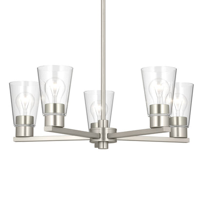 Kichler Stamos 24in 5-Light Chandelier | Modern Brushed Nickel Steel and Clear Satin Etched Glass | Kitchen Island & Dining Room | 24 x 24 x 15.5 in | Model 52436NICLR