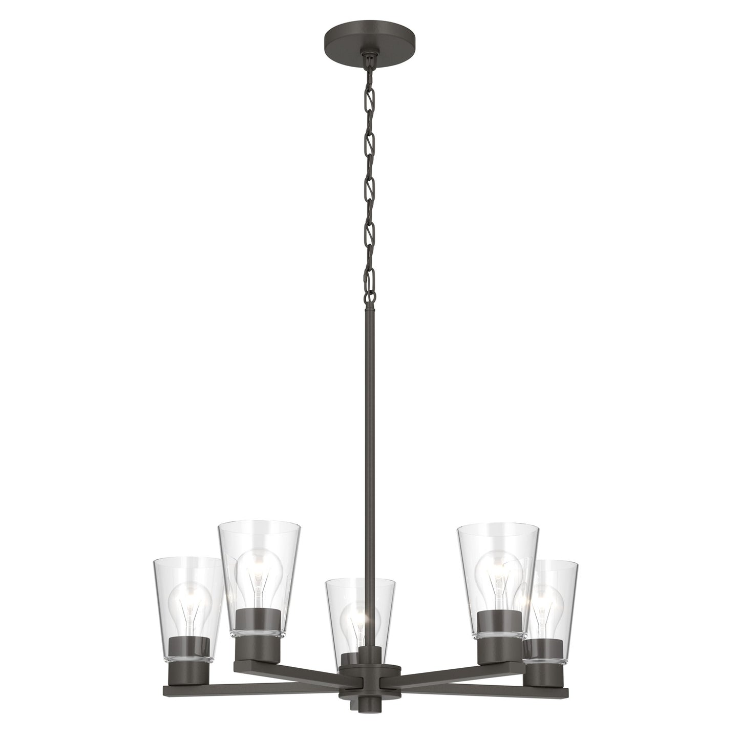 Kichler Stamos 24in 5-Light Chandelier | Modern Olde Bronze Steel and Clear Satin Etched Glass | Kitchen Island & Dining Room | 24 x 24 x 15.5 in | Model 52436OZCLR