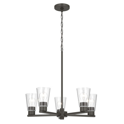 Kichler Stamos 24in 5-Light Chandelier | Modern Olde Bronze Steel and Clear Satin Etched Glass | Kitchen Island & Dining Room | 24 x 24 x 15.5 in | Model 52436OZCLR