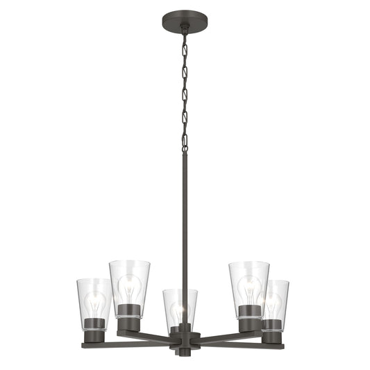 Kichler Stamos 24in 5-Light Chandelier | Modern Olde Bronze Steel and Clear Satin Etched Glass | Kitchen Island & Dining Room | 24 x 24 x 15.5 in | Model 52436OZCLR