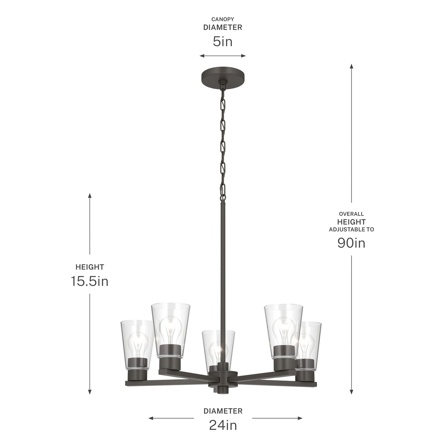 Kichler Stamos 24in 5-Light Chandelier | Modern Olde Bronze Steel and Clear Satin Etched Glass | Kitchen Island & Dining Room | 24 x 24 x 15.5 in | Model 52436OZCLR