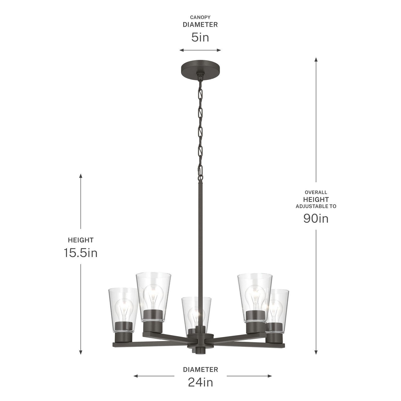 Kichler Stamos 24in 5-Light Chandelier | Modern Olde Bronze Steel and Clear Satin Etched Glass | Kitchen Island & Dining Room | 24 x 24 x 15.5 in | Model 52436OZCLR