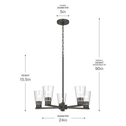 Kichler Stamos 24in 5-Light Chandelier | Modern Olde Bronze Steel and Clear Satin Etched Glass | Kitchen Island & Dining Room | 24 x 24 x 15.5 in | Model 52436OZCLR