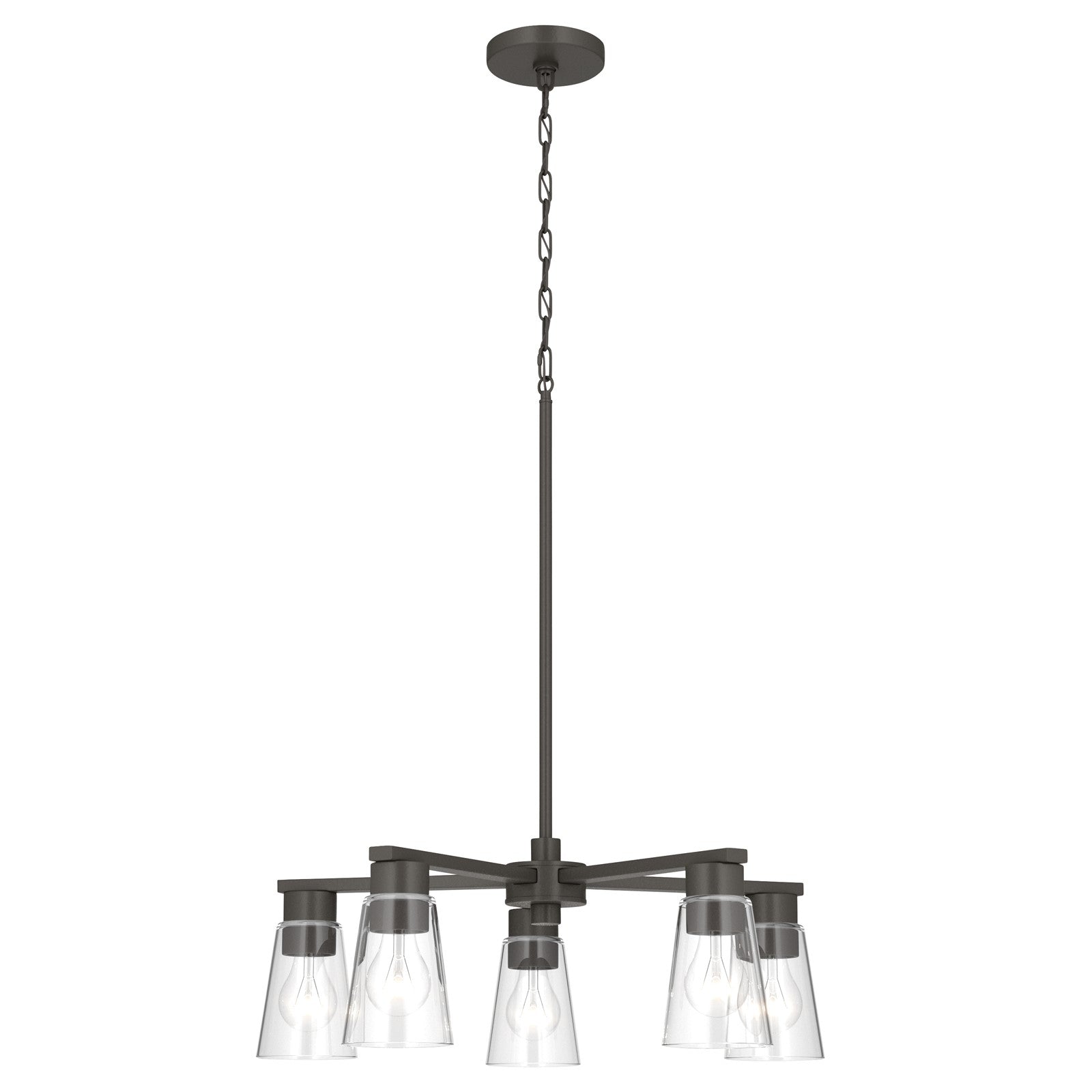 Kichler Stamos 24in 5-Light Chandelier | Modern Olde Bronze Steel and Clear Satin Etched Glass | Kitchen Island & Dining Room | 24 x 24 x 15.5 in | Model 52436OZCLR