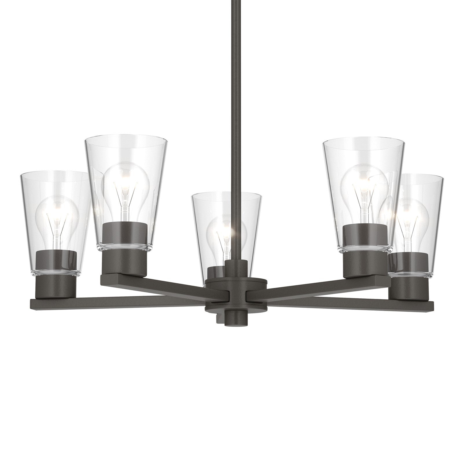 Kichler Stamos 24in 5-Light Chandelier | Modern Olde Bronze Steel and Clear Satin Etched Glass | Kitchen Island & Dining Room | 24 x 24 x 15.5 in | Model 52436OZCLR