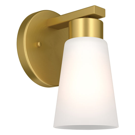 Kichler Stamos 8in 1-Light Wall Sconce | Modern Brushed Gold Steel and Clear Satin Etched Glass | Hallway & Bathroom Accent | 5 x 8 x 5.5 in | Model 52437BG