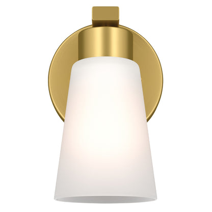 Kichler Stamos 8in 1-Light Wall Sconce | Modern Brushed Gold Steel and Clear Satin Etched Glass | Hallway & Bathroom Accent | 5 x 8 x 5.5 in | Model 52437BG