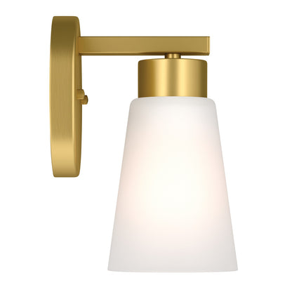 Kichler Stamos 8in 1-Light Wall Sconce | Modern Brushed Gold Steel and Clear Satin Etched Glass | Hallway & Bathroom Accent | 5 x 8 x 5.5 in | Model 52437BG