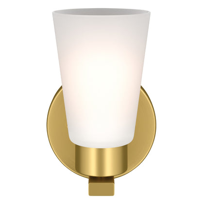 Kichler Stamos 8in 1-Light Wall Sconce | Modern Brushed Gold Steel and Clear Satin Etched Glass | Hallway & Bathroom Accent | 5 x 8 x 5.5 in | Model 52437BG
