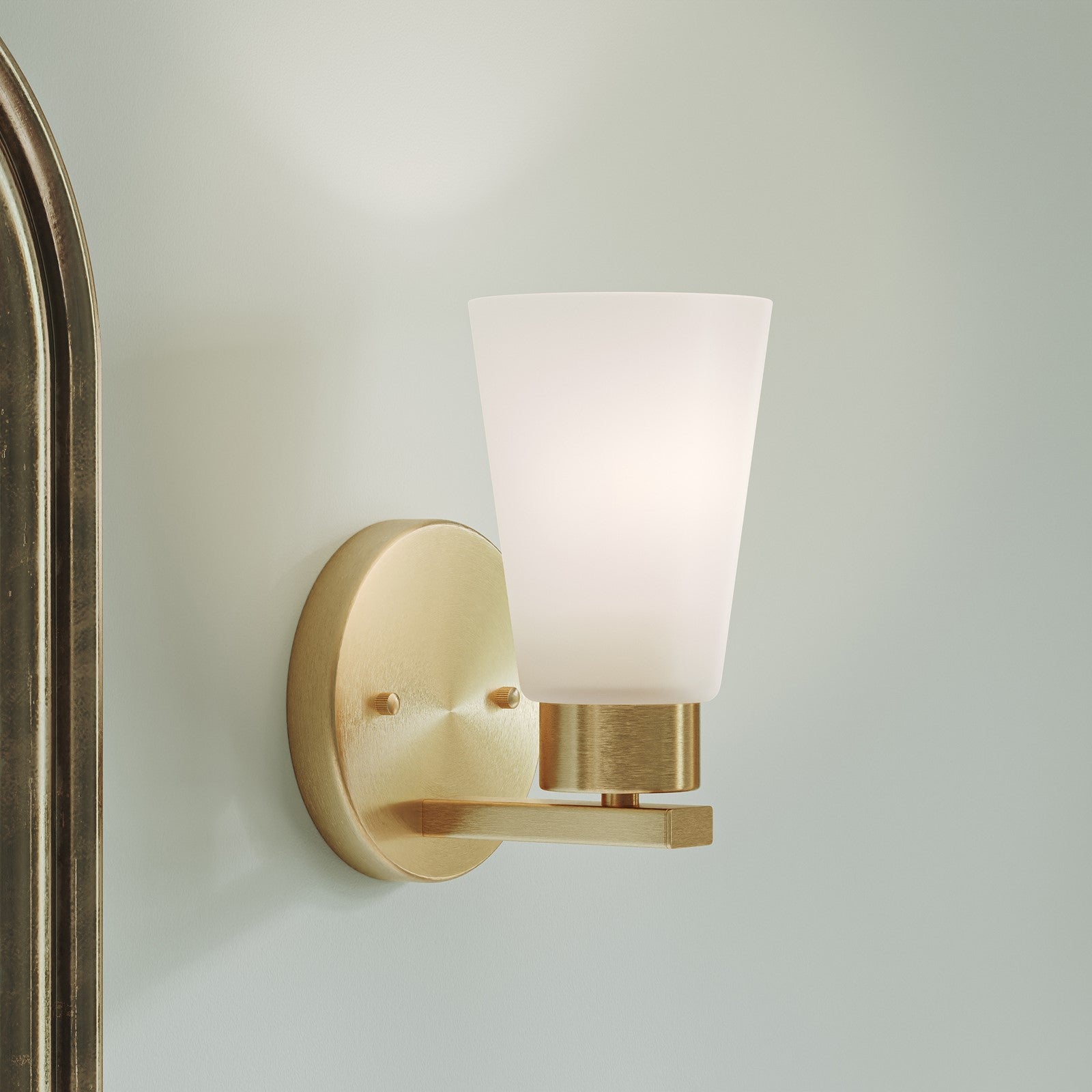 Kichler Stamos 8in 1-Light Wall Sconce | Modern Brushed Gold Steel and Clear Satin Etched Glass | Hallway & Bathroom Accent | 5 x 8 x 5.5 in | Model 52437BG