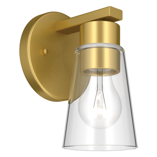 Kichler Stamos 8in 1-Light Wall Sconce | Modern Brushed Gold Steel and Clear Glass | Hallway & Bathroom Accent | 5 x 8 x 5.5 in | Model 52437BGCLR