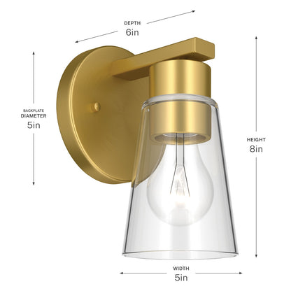Kichler Stamos 8in 1-Light Wall Sconce | Modern Brushed Gold Steel and Clear Glass | Hallway & Bathroom Accent | 5 x 8 x 5.5 in | Model 52437BGCLR