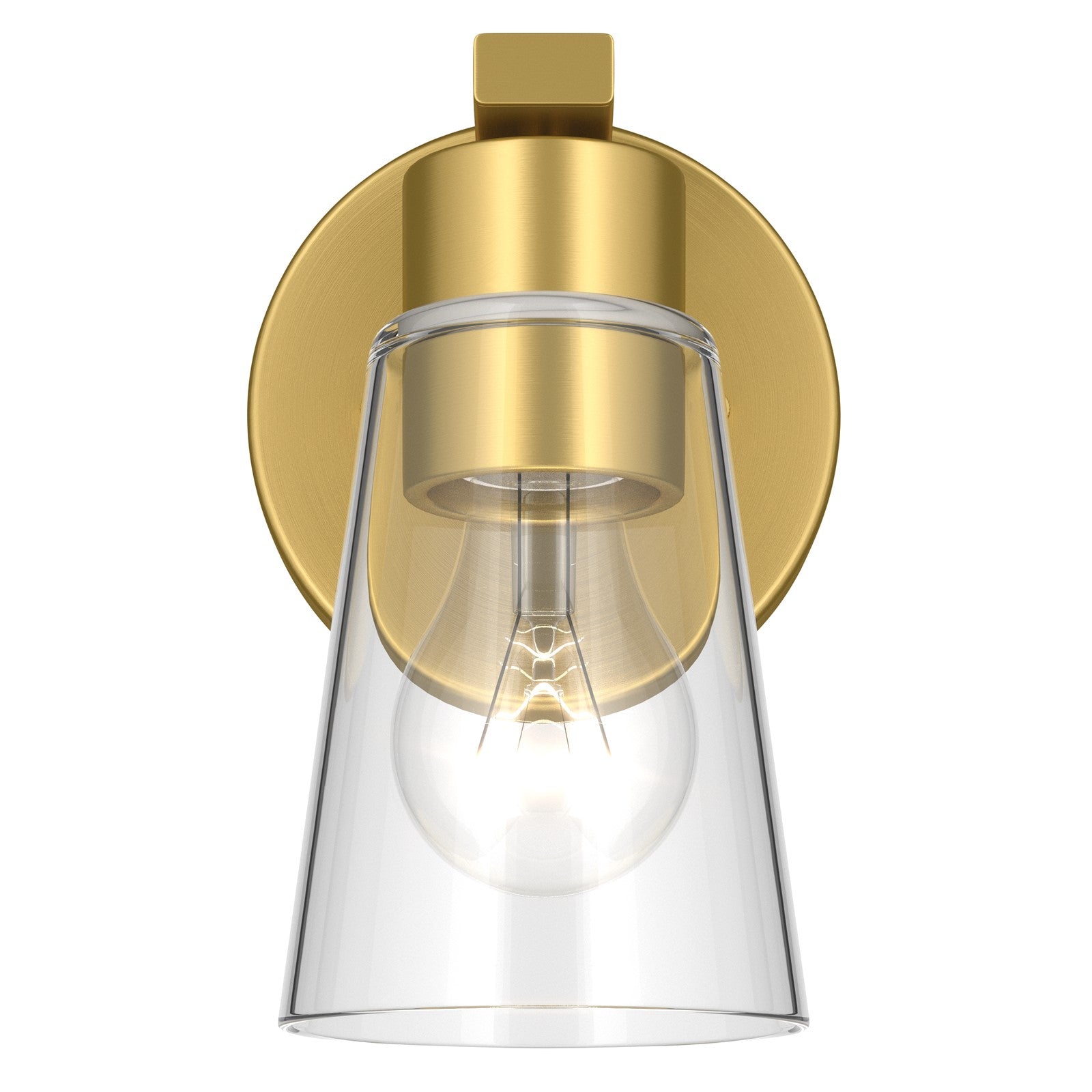 Kichler Stamos 8in 1-Light Wall Sconce | Modern Brushed Gold Steel and Clear Glass | Hallway & Bathroom Accent | 5 x 8 x 5.5 in | Model 52437BGCLR