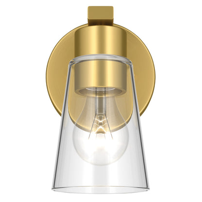Kichler Stamos 8in 1-Light Wall Sconce | Modern Brushed Gold Steel and Clear Glass | Hallway & Bathroom Accent | 5 x 8 x 5.5 in | Model 52437BGCLR